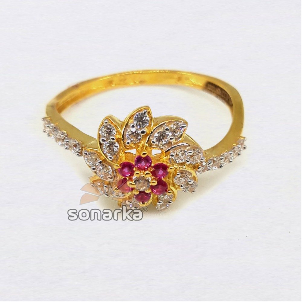 22KT Flower Shaped Pink Stone Light Weight CZ Ladies Ring